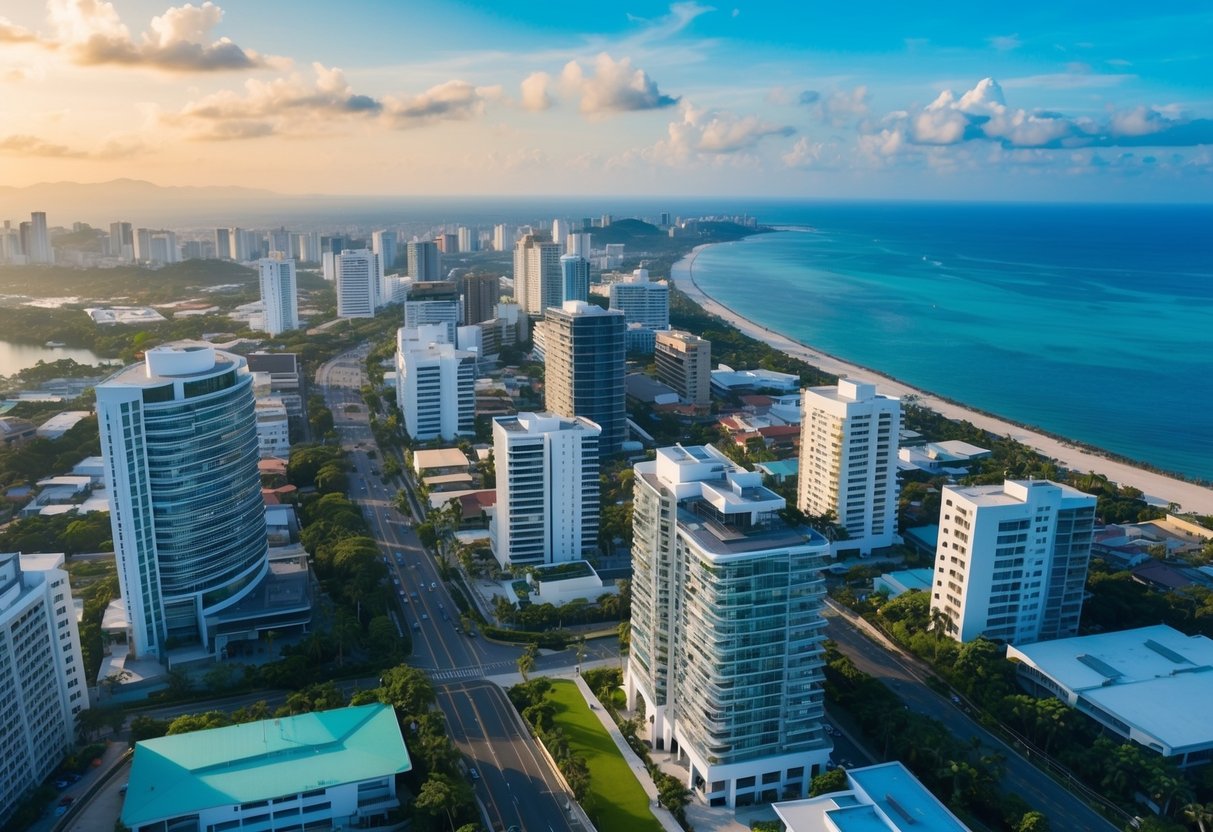 Aerial view of Cebu cityscape with modern buildings, bustling streets, and scenic coastline