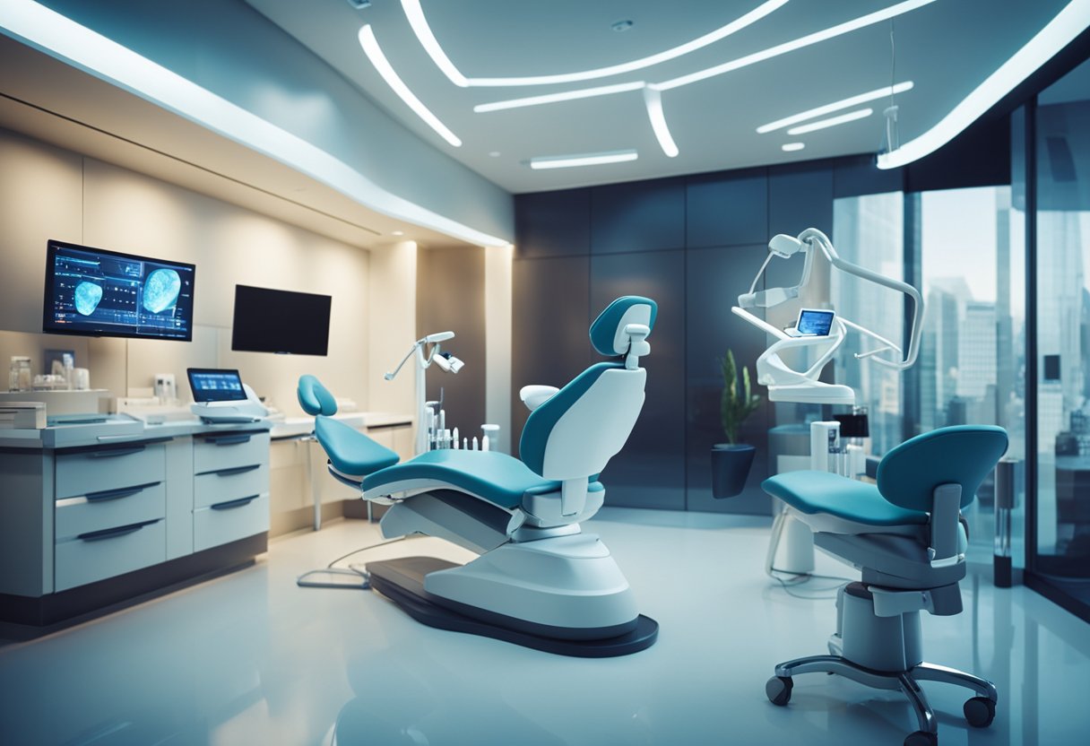 A futuristic dental office with advanced technology and a dentist explaining the cost of dental implants to a patient