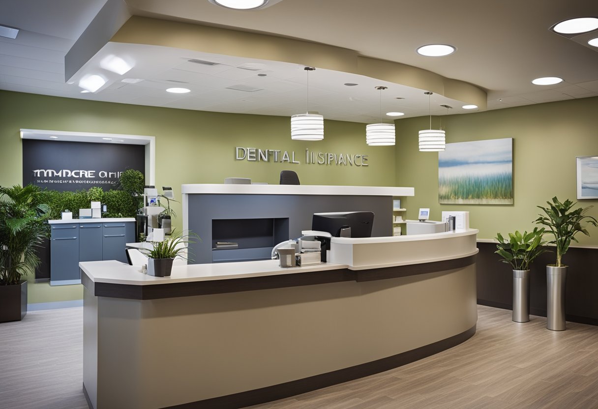 A dental office with modern equipment and a reception desk. A brochure on dental implants and insurance options displayed prominently