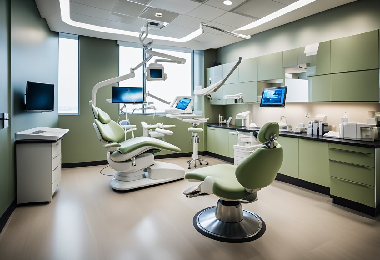 A dental office with a reception area, patient chairs, and a surgical suite equipped with modern tools and technology