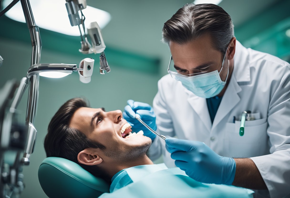 A dentist carefully places a dental implant into a patient's jaw, surrounded by various dental tools and equipment