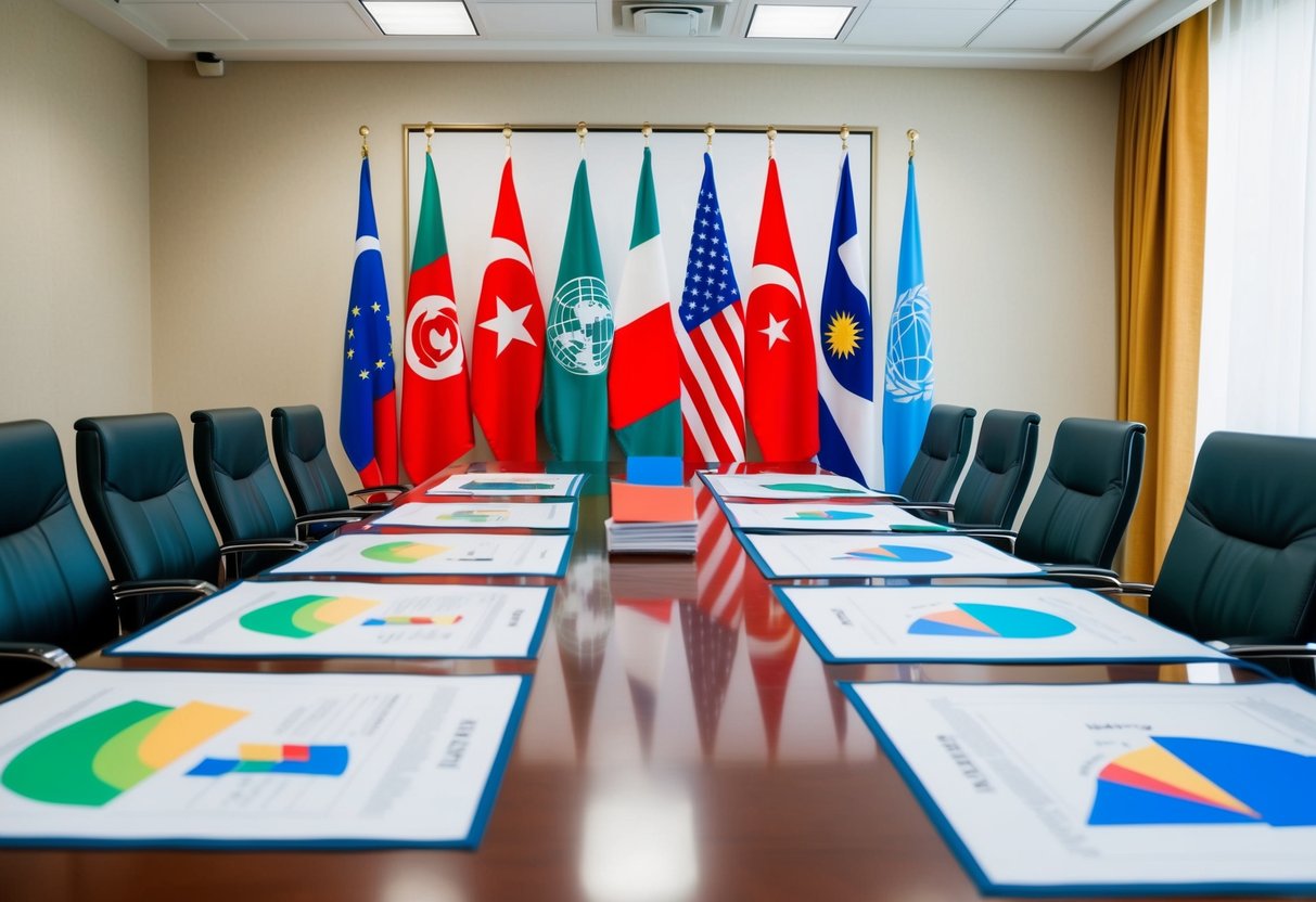 Une salle de réunion internationale avec des drapeaux divers et des plans de projet sur la table