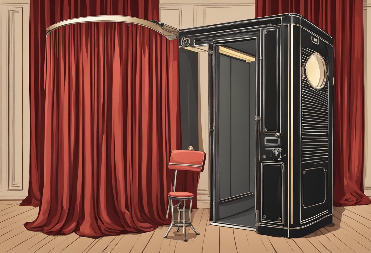 Une photomaton vintage avec un rideau rouge, un tabouret et un appareil photo avec un grand flash