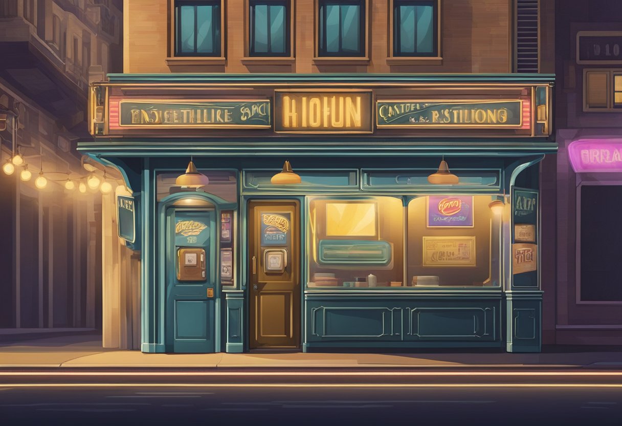 Une cabine photo vintage dans un coin faiblement éclairé d'une arcade animée, ornée de rideaux colorés et d'un panneau rétro.