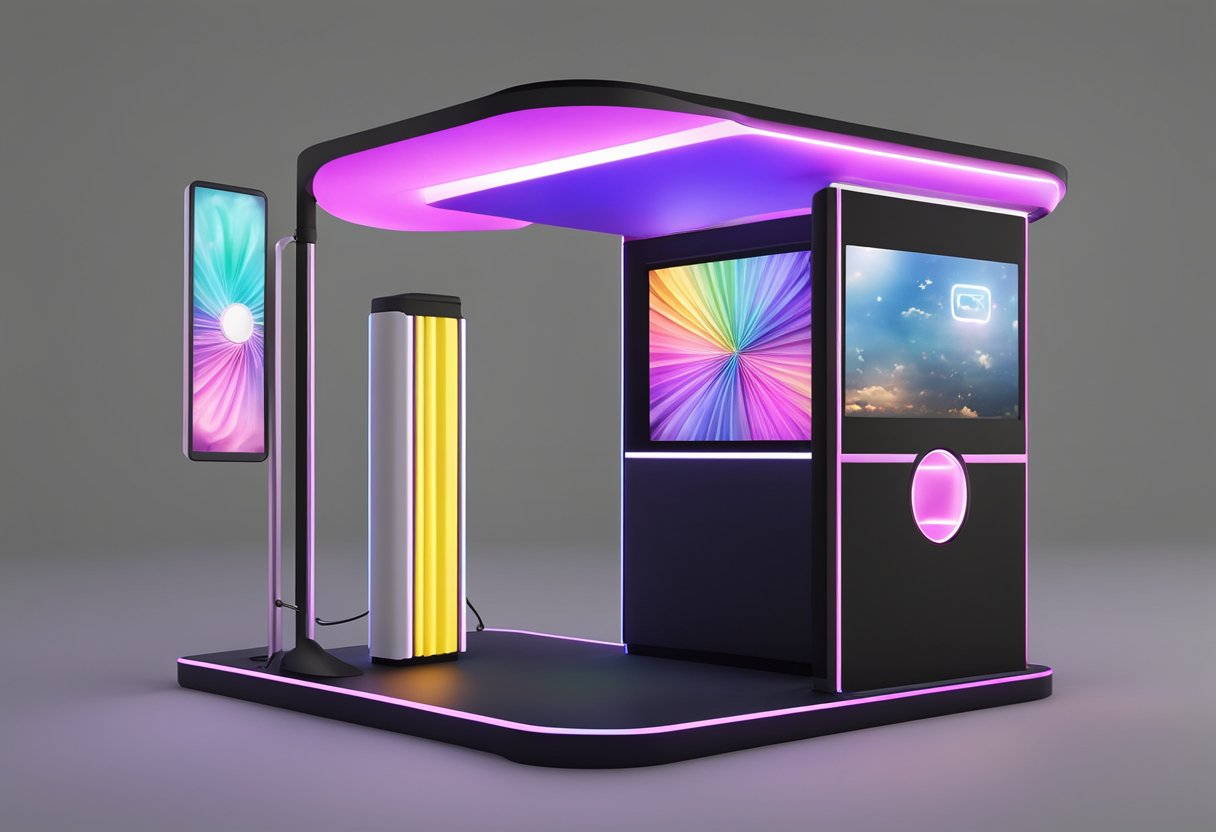 Une cabine photo moderne et élégante avec une interface à écran tactile et des réglages de caméra ajustables. Des lumières LED vives et une variété d'accessoires sont disponibles pour des séances photo ludiques.