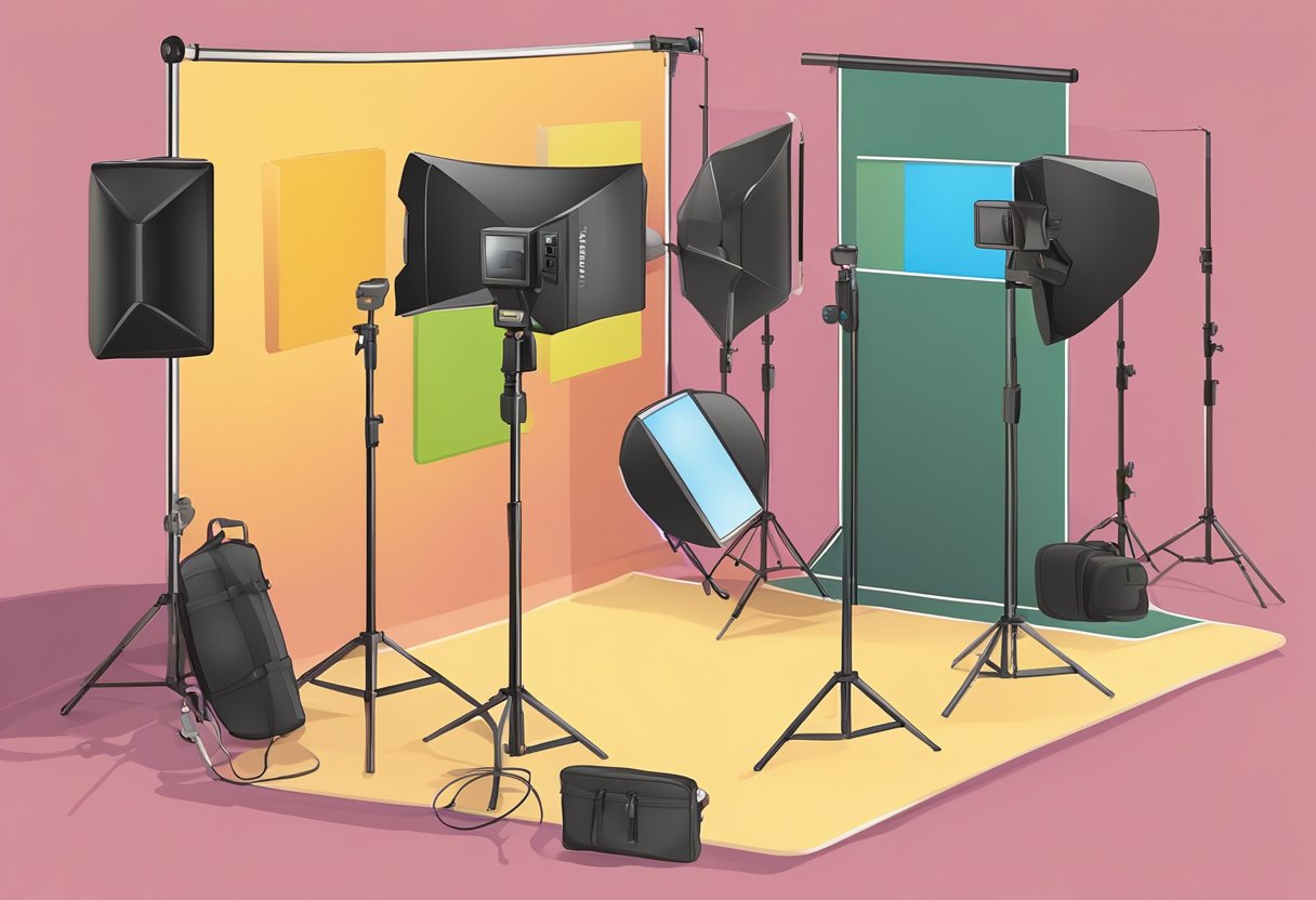 Un photomaton en cours d'installation avec un appareil photo, un fond et des accessoires