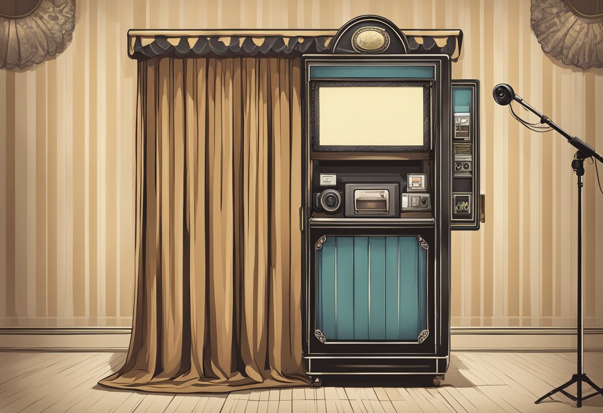 Une cabine photo au look vintage avec un rideau, un appareil photo et un écran. Des lumières clignotantes et une fente pour pièces sont visibles.