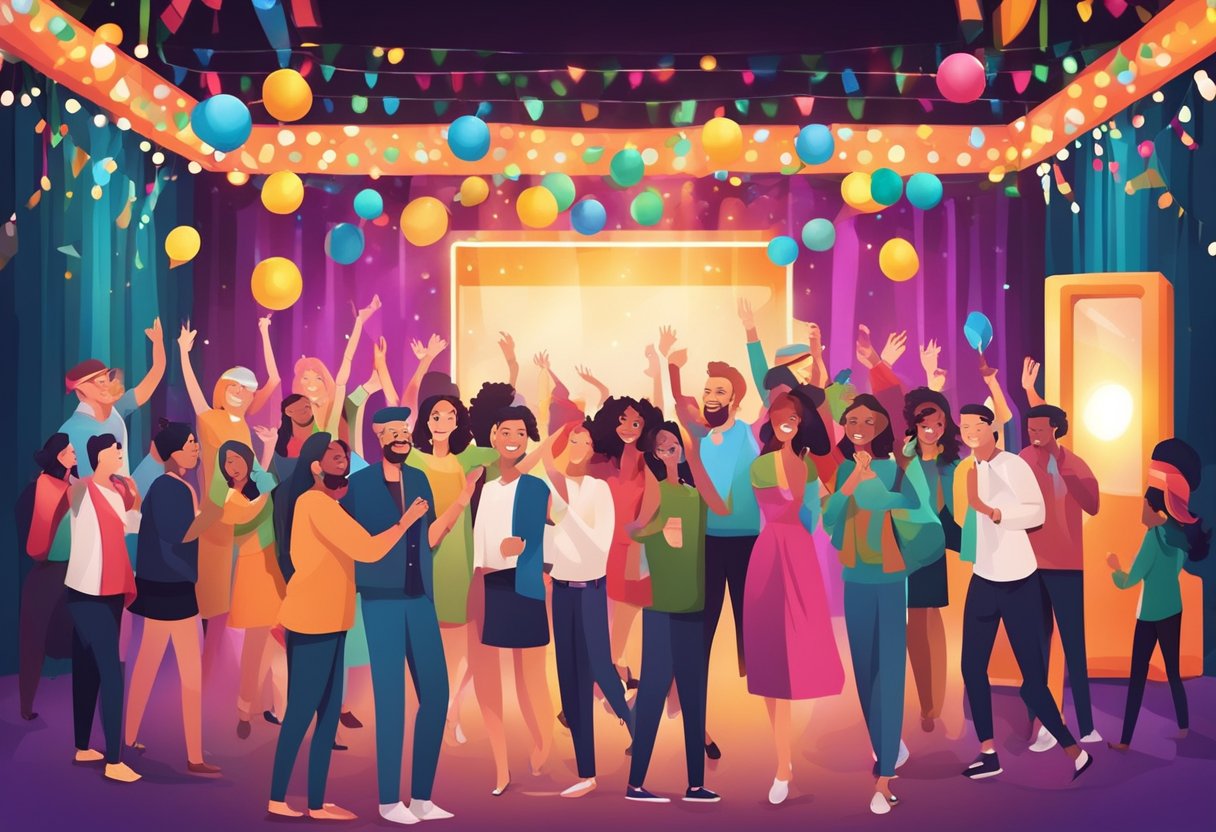 Une cabine photo colorée entourée de fêtards heureux, de lumières clignotantes et d'un fond de décorations festives
