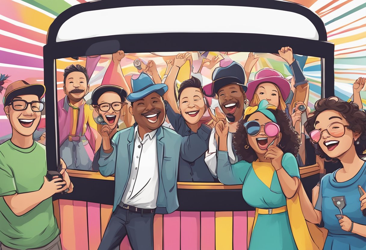 Un événement animé avec un photomaton présentant des arrière-plans colorés, des accessoires et un équipement photo à l'intérieur d'une cabine. Le rire et le plaisir sont évidents alors que les gens prennent tour à tour des moments amusants.