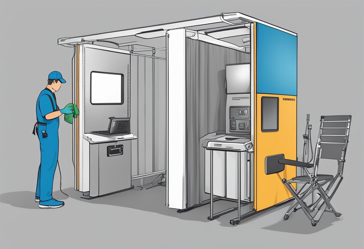 Un technicien entretenant une cabine photo : nettoyage, inspection et remplacement des composants si nécessaire.