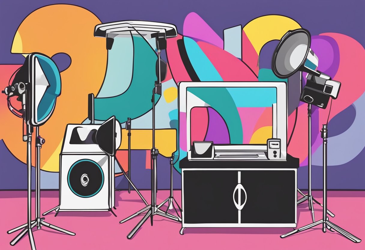 Une photomaton coloré avec un fond de points d'interrogation, des accessoires et un appareil photo sur un trépied