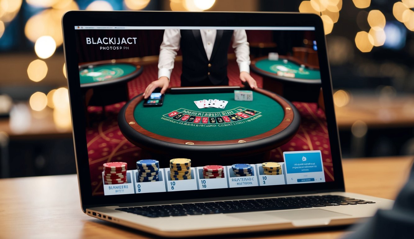 Sebuah meja blackjack virtual dengan kartu, chip, dan dealer di layar komputer