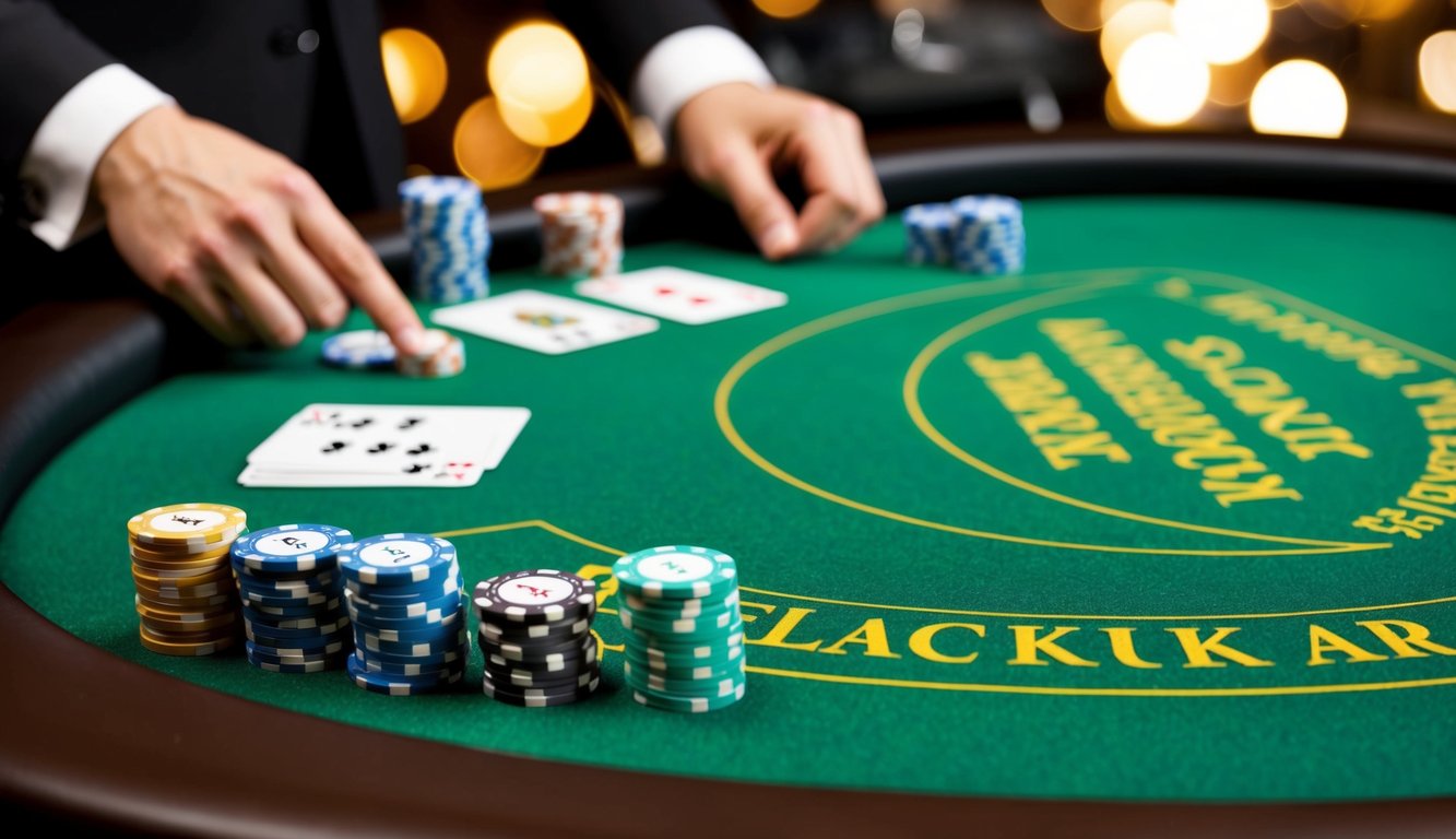 Sebuah permainan blackjack digital dengan chip, kartu, dan dealer virtual di meja felt hijau