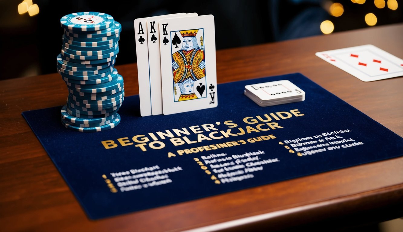 Panduan pemula untuk blackjack dengan setumpuk kartu dan seperangkat aturan yang ditampilkan di atas meja