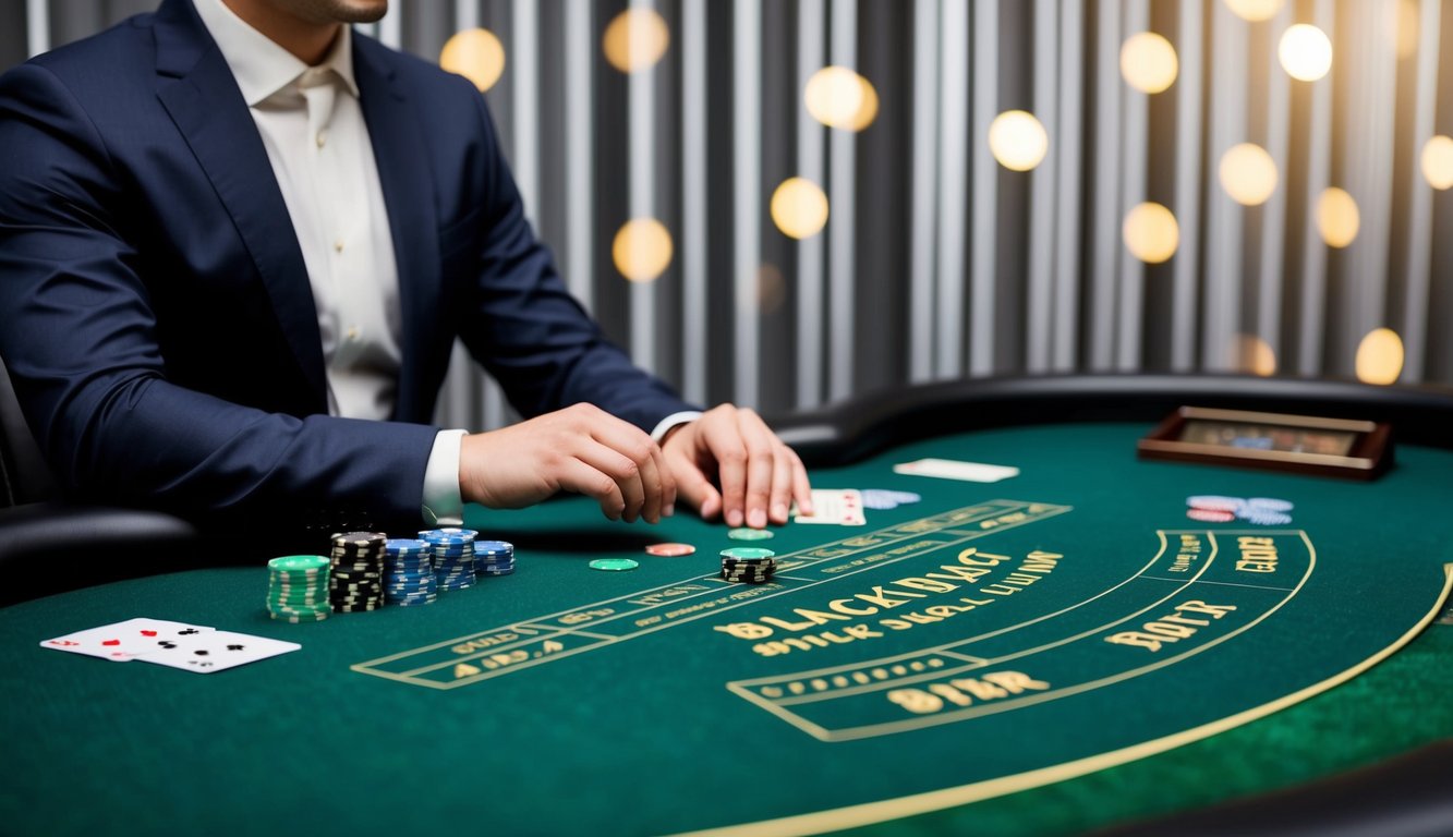 Sebuah meja blackjack dengan dealer langsung, kartu, chip, dan latar belakang yang ramping dan modern