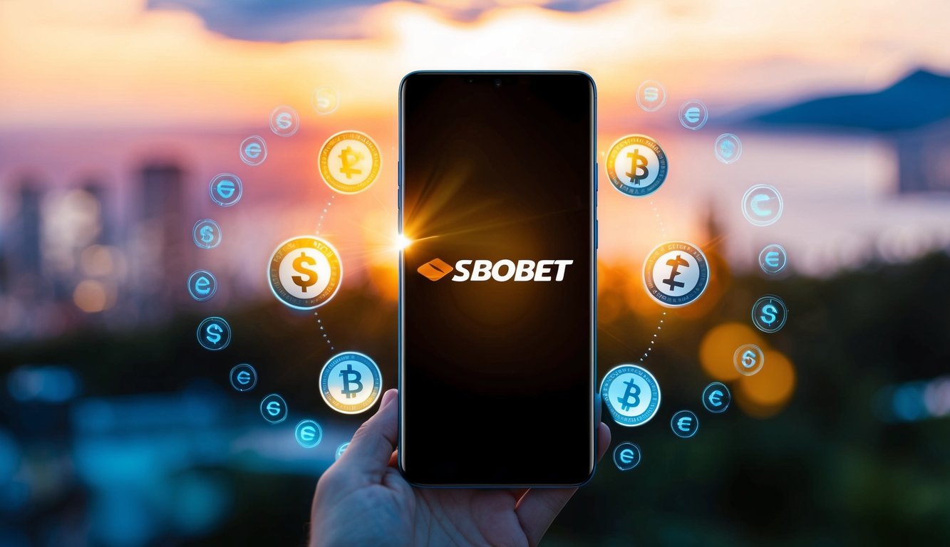 Pemandangan indah dari smartphone modern dengan layar yang menyala menampilkan logo SBObet, dikelilingi oleh berbagai bentuk simbol mata uang digital