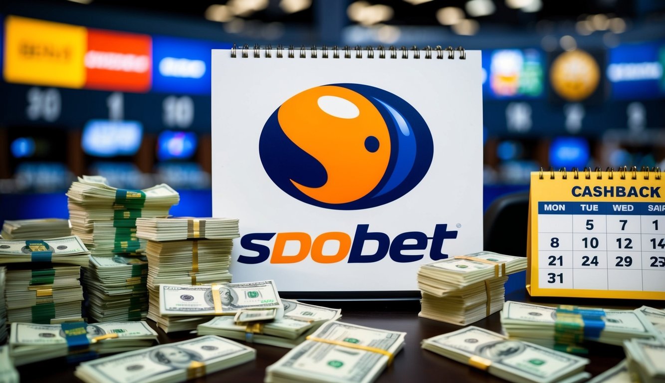 Sebuah sportsbook yang ramai dengan logo SBObet yang mencolok, dikelilingi oleh tumpukan uang tunai dan kalender yang menyoroti penawaran cashback mingguan