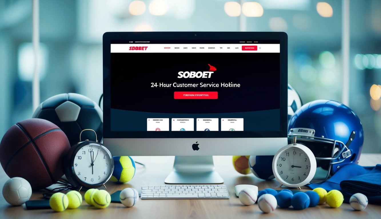 Sebuah layar komputer menampilkan situs web SBObet dengan hotline layanan pelanggan 24 jam, dikelilingi oleh berbagai peralatan olahraga dan jam yang menunjukkan zona waktu yang berbeda