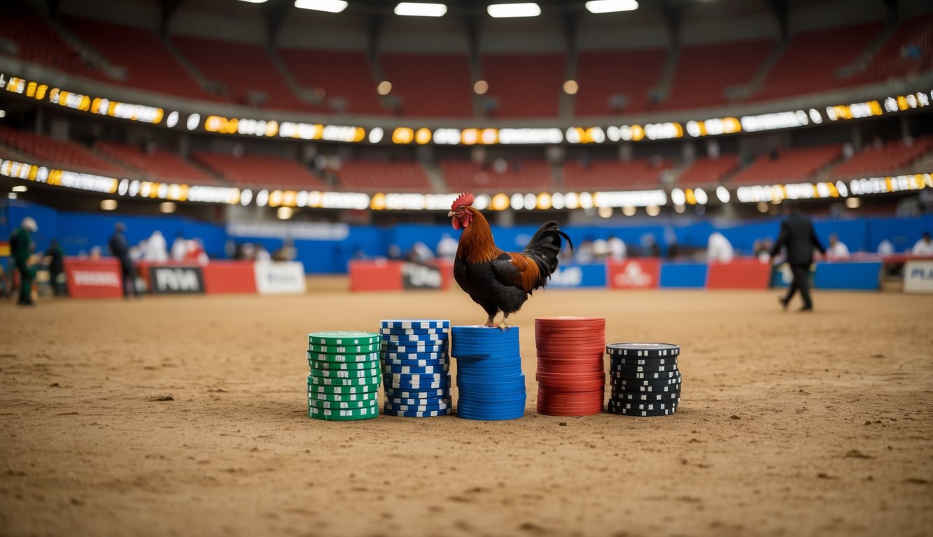 Sebuah arena sabung ayam yang ramai dengan satu set lengkap pasar taruhan internasional