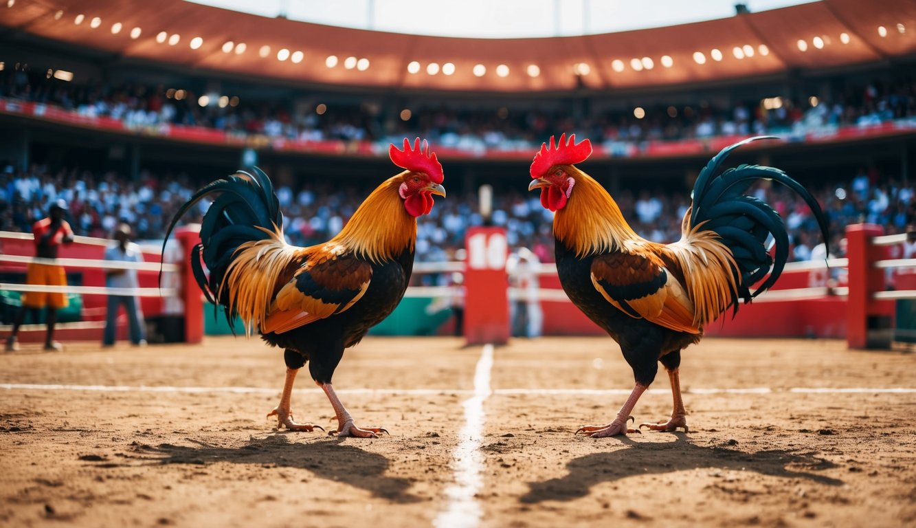 Sebuah arena sabung ayam yang meriah dengan penonton yang bersorak dan dua ayam jantan yang megah berhadapan di tengah