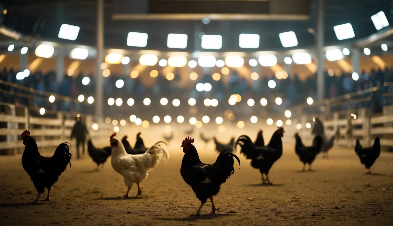 Sebuah arena sabung ayam yang ramai dengan lampu terang dan aliran aktivitas yang konstan, menampilkan layanan terpercaya 24/7