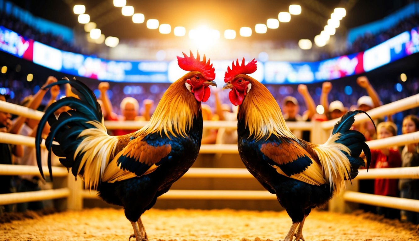 Sebuah arena yang terang benderang dengan ayam jantan yang saling berhadapan, dikelilingi oleh penonton yang bersorak