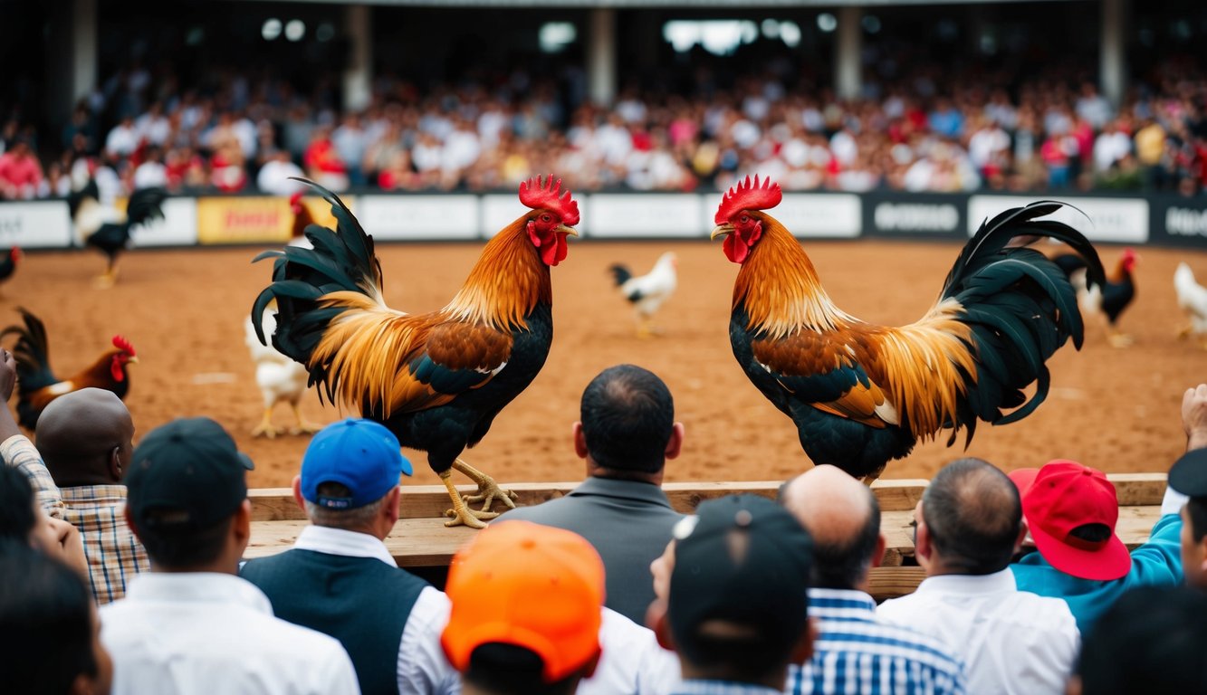 Sebuah arena luar ruangan yang ramai dengan ayam jantan bertarung, dikelilingi oleh penonton yang antusias