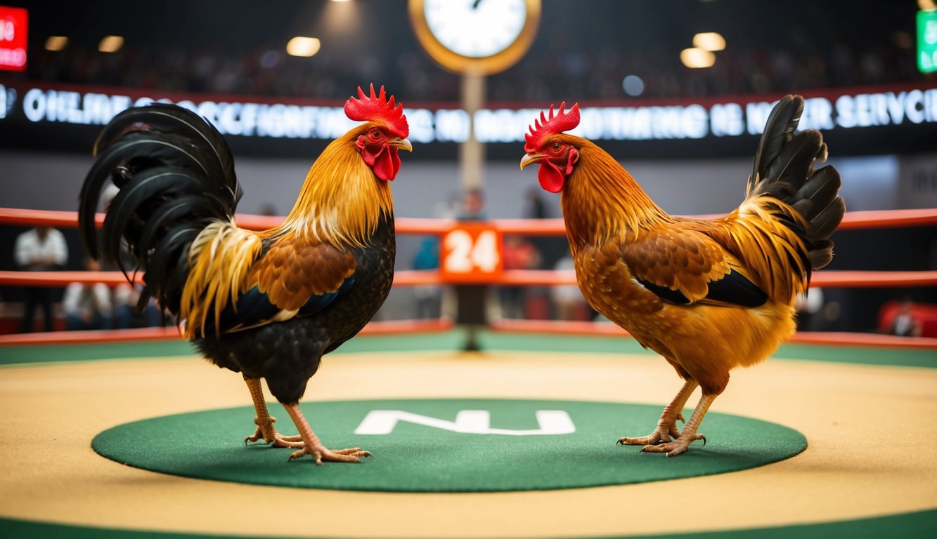 Seekor ayam jantan dan seekor ayam betina berhadapan di arena sabung ayam online, dengan jam yang menunjukkan layanan 24 jam