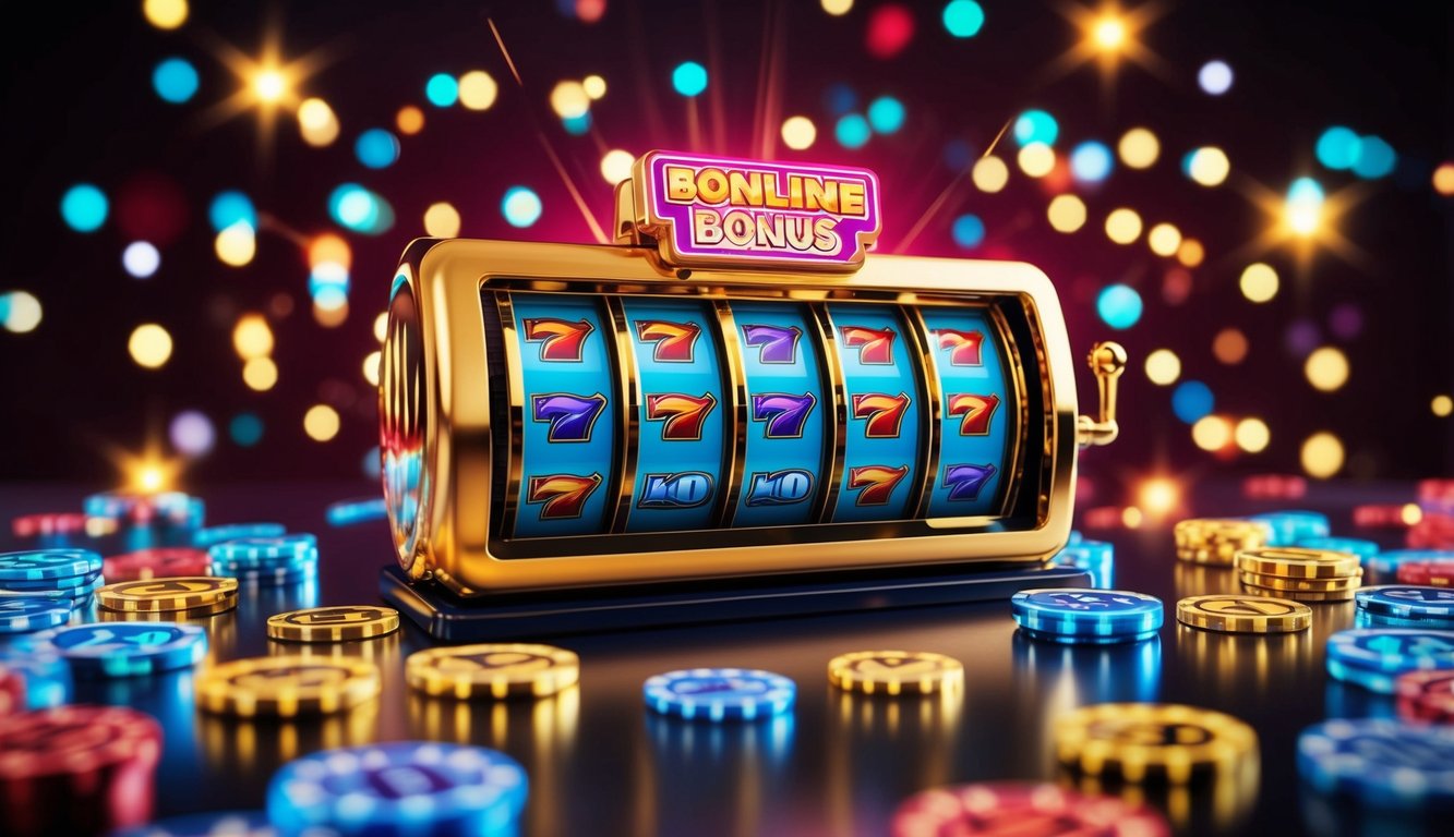 Sebuah mesin slot online yang berwarna-warni dikelilingi oleh simbol bonus yang berkilau