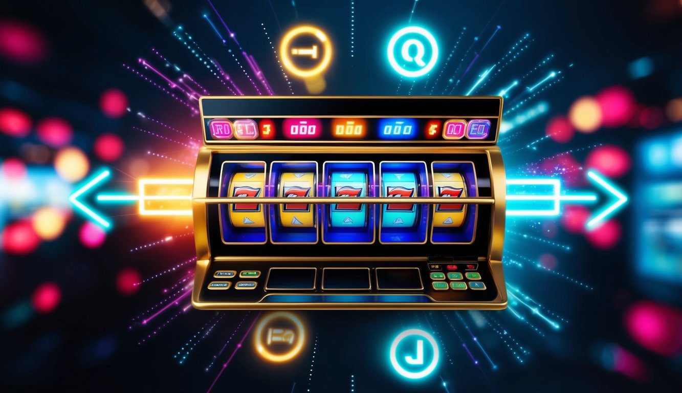 Mesin slot online berwarna-warni dikelilingi oleh sinyal dan simbol digital yang berdenyut