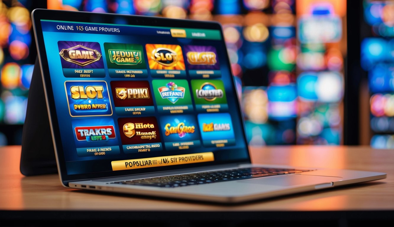 Antarmuka permainan slot online yang cerah dengan berbagai penyedia permainan populer ditampilkan di layar digital