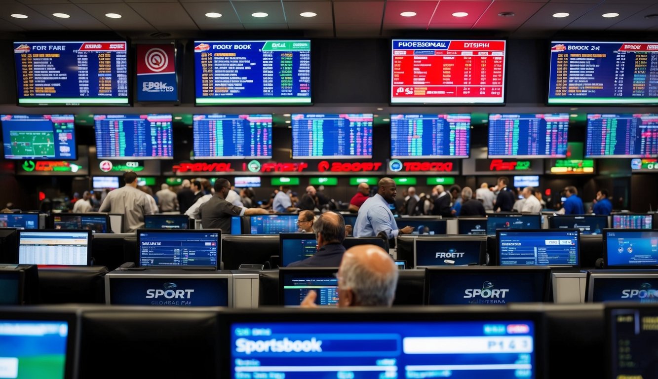 Sebuah sportsbook yang ramai dengan odds pasar global ditampilkan di layar digital