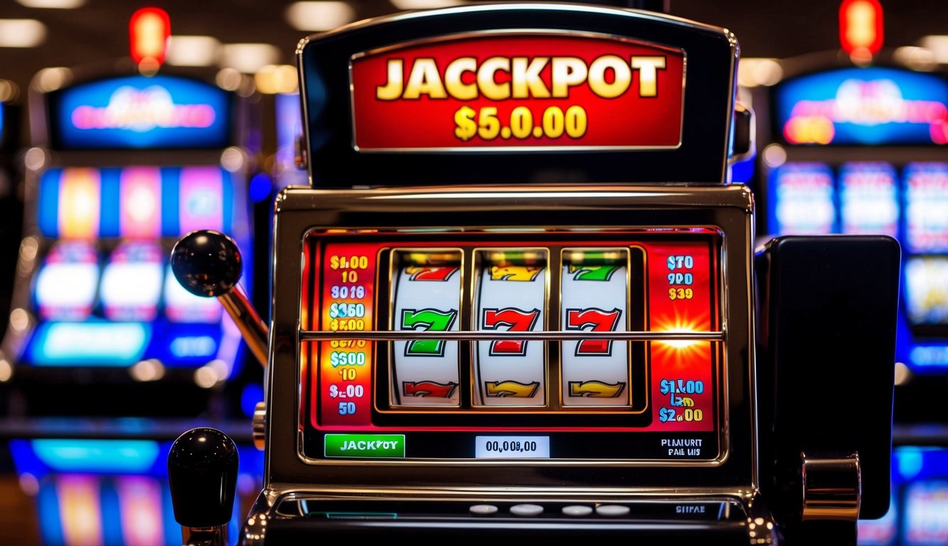 Sebuah mesin slot online yang berwarna-warni dengan lampu berkedip dan jackpot yang terus bertambah ditampilkan secara mencolok