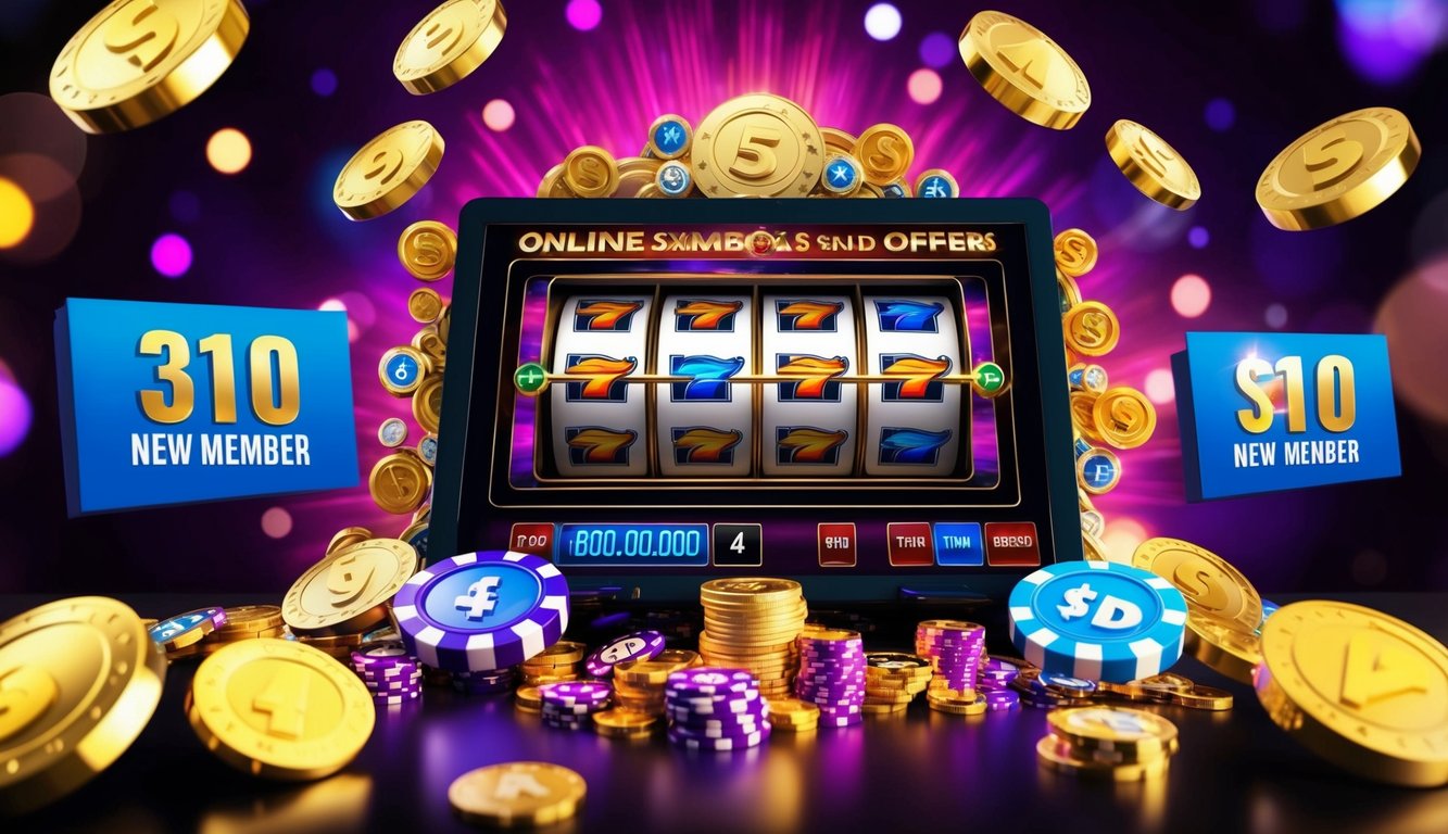 Sebuah mesin slot online yang penuh warna dikelilingi oleh simbol bonus yang menakjubkan dan penawaran eksklusif untuk anggota baru