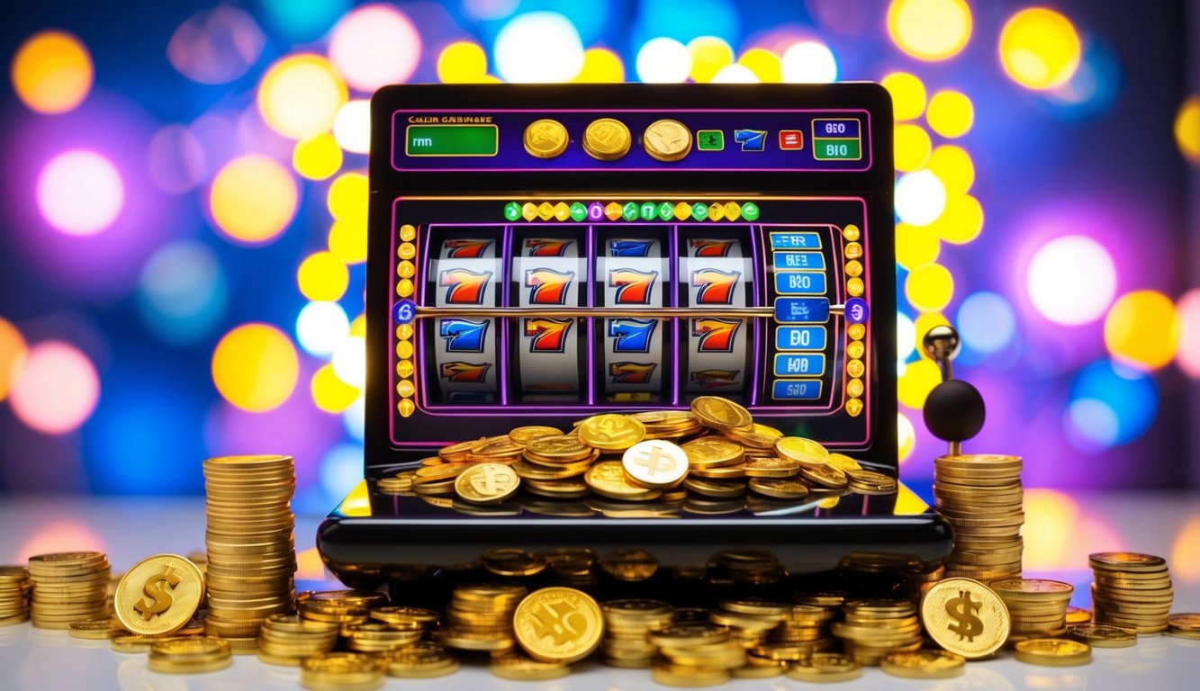 Sebuah mesin slot online berwarna-warni dikelilingi oleh cahaya terang yang berkedip-kedip dan dipenuhi dengan koin serta simbol bonus