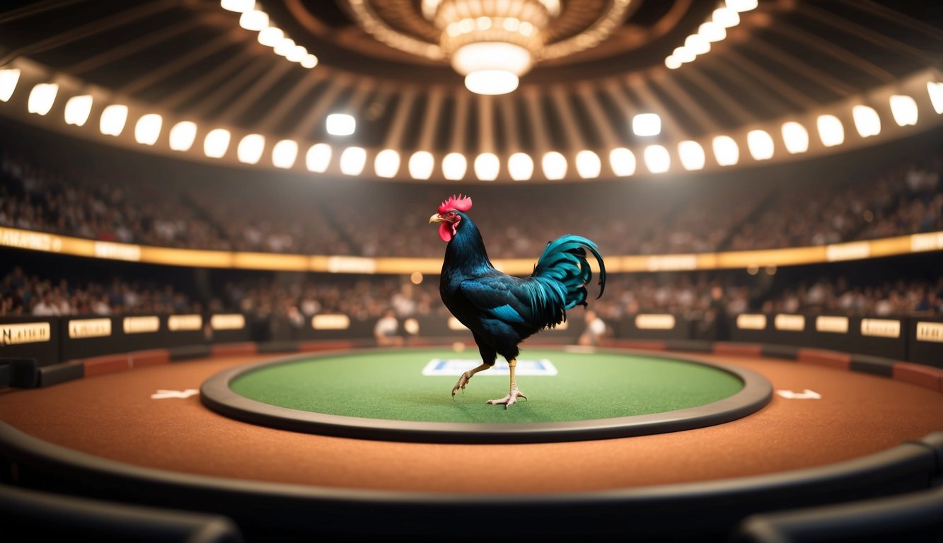 Ilustrasi realistis dari arena sabung ayam siaran langsung di platform online terpercaya