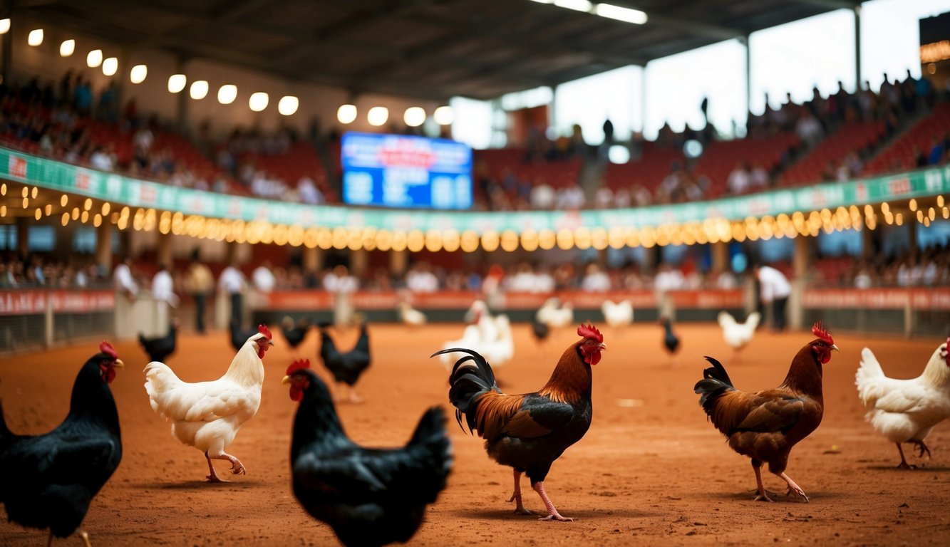 Sebuah arena sabung ayam resmi yang ramai dengan pasar taruhan internasional dan lokal