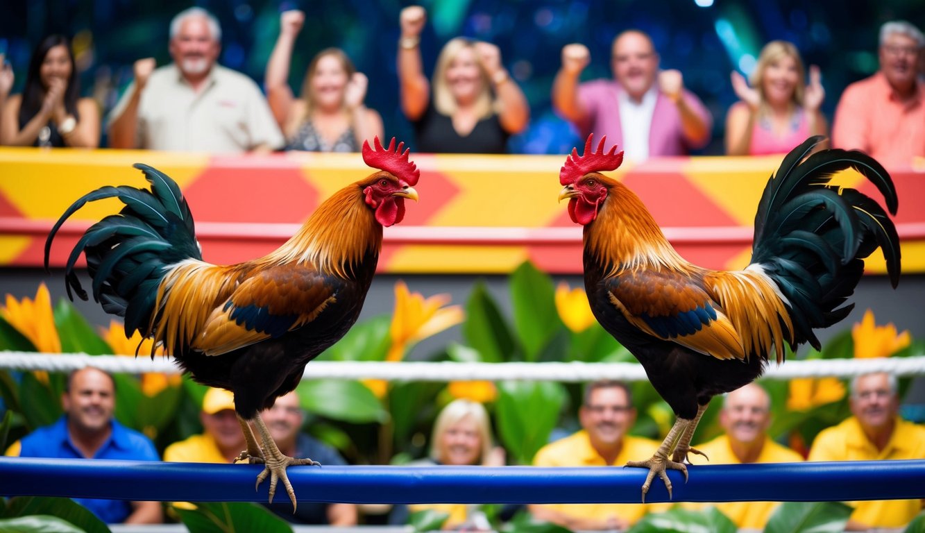 Dua ayam jantan berhadapan di arena yang cerah, dikelilingi oleh penonton yang bersorak dan latar belakang dedaunan tropis yang subur