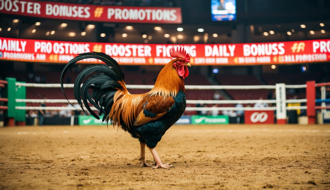 Sebuah arena pertarungan ayam jantan dengan spanduk yang mengiklankan bonus harian dan promosi