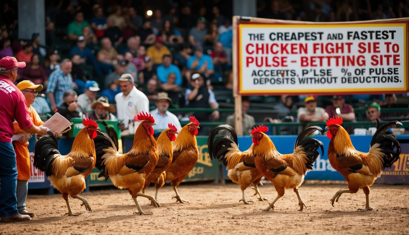 Sebuah arena yang ramai dengan ayam jantan bertarung, dikelilingi oleh penonton dan pedagang, dengan papan iklan mencolok yang mengiklankan situs taruhan pertarungan ayam termurah dan tercepat yang menerima setoran pulsa tanpa potongan.