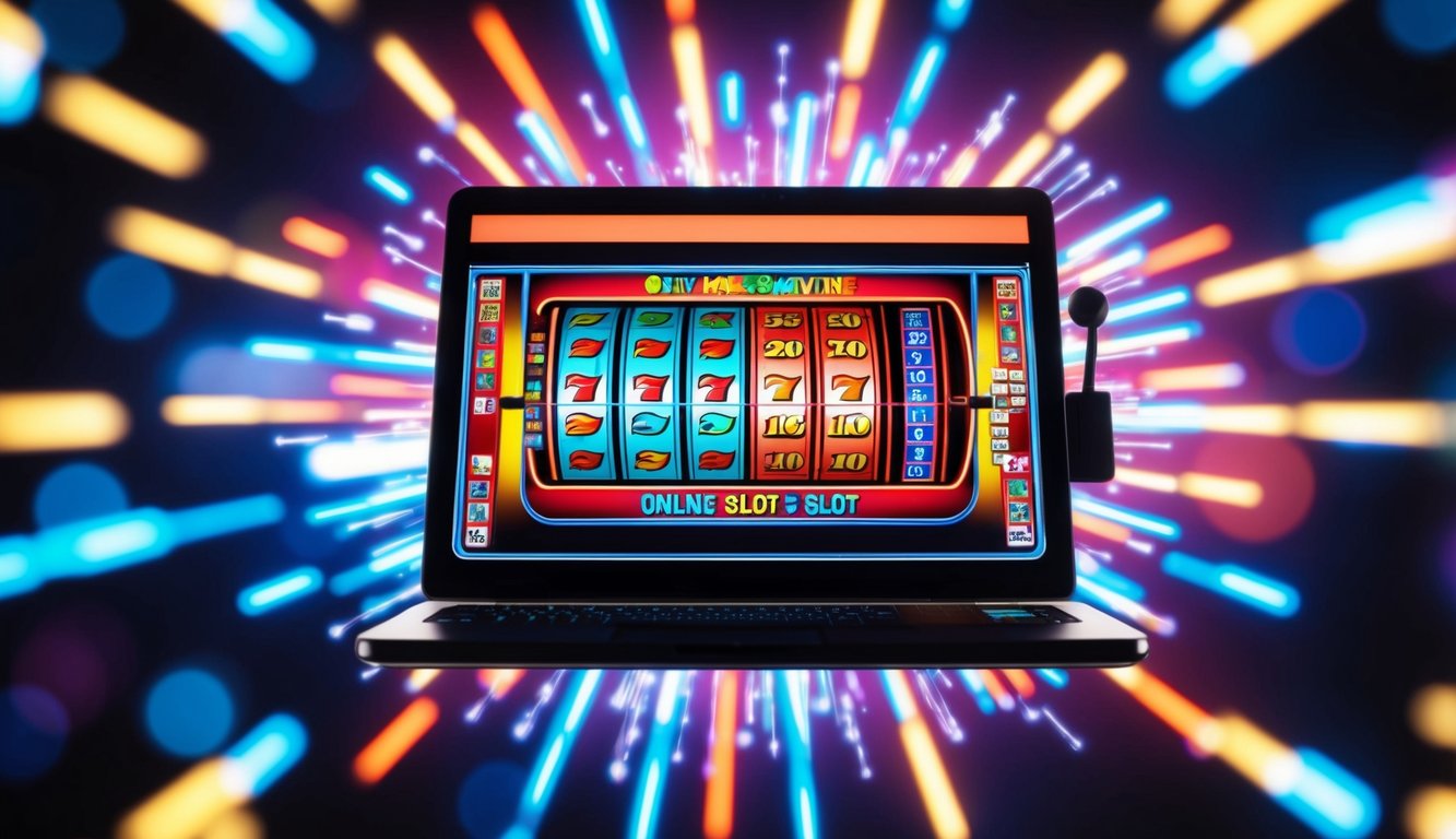 Mesin slot online berwarna-warni dikelilingi oleh sinyal digital yang berdenyut