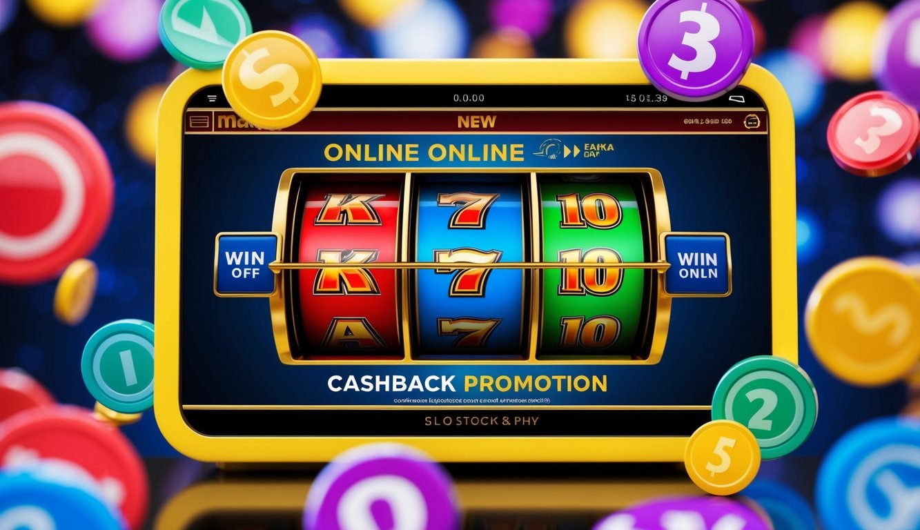 Sebuah mesin slot online berwarna-warni dikelilingi oleh simbol kemenangan dan spanduk promosi cashback