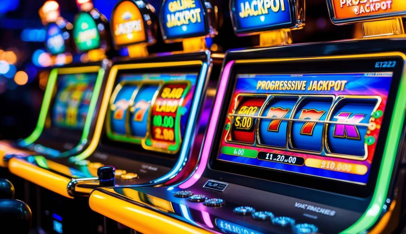 Sebuah mesin slot online yang berwarna-warni dengan lampu berkedip dan jackpot progresif besar yang ditampilkan di layar