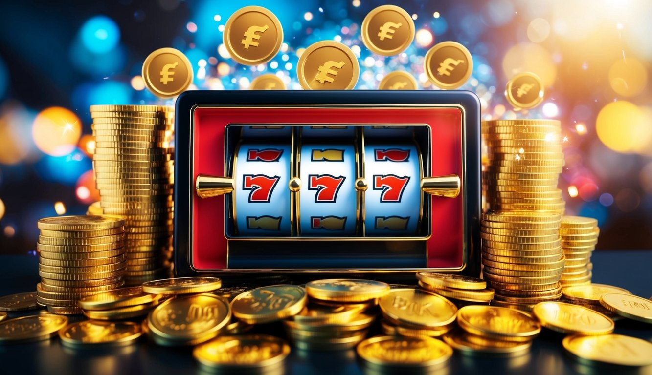 Sebuah mesin slot online yang cerah dikelilingi oleh koin emas dan simbol bonus yang berkilau