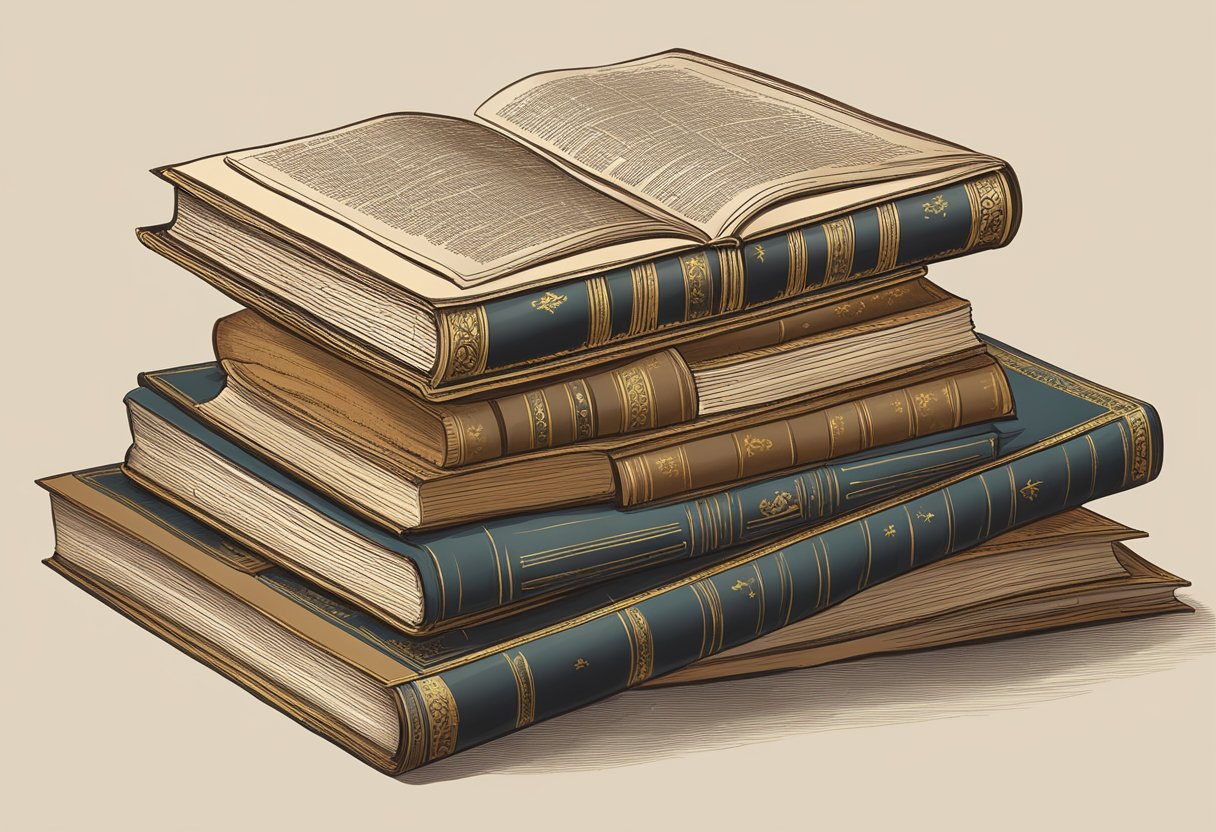 A stack of ancient texts, each with distinct symbols and illustrations, arranged on a table