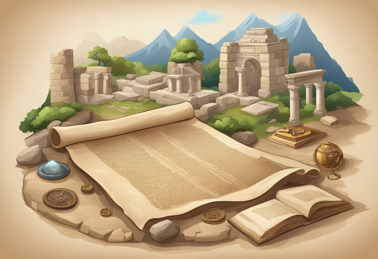 A scroll, tablet, and parchment lay on a stone table, surrounded by ancient ruins and artifacts. Each text symbolizes a different ancient civilization