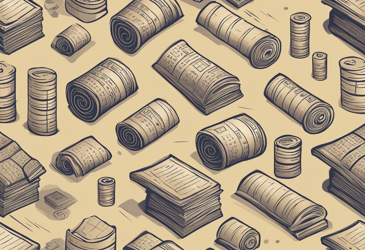 A stack of ancient scrolls and tablets arranged side by side, each with distinct markings and symbols