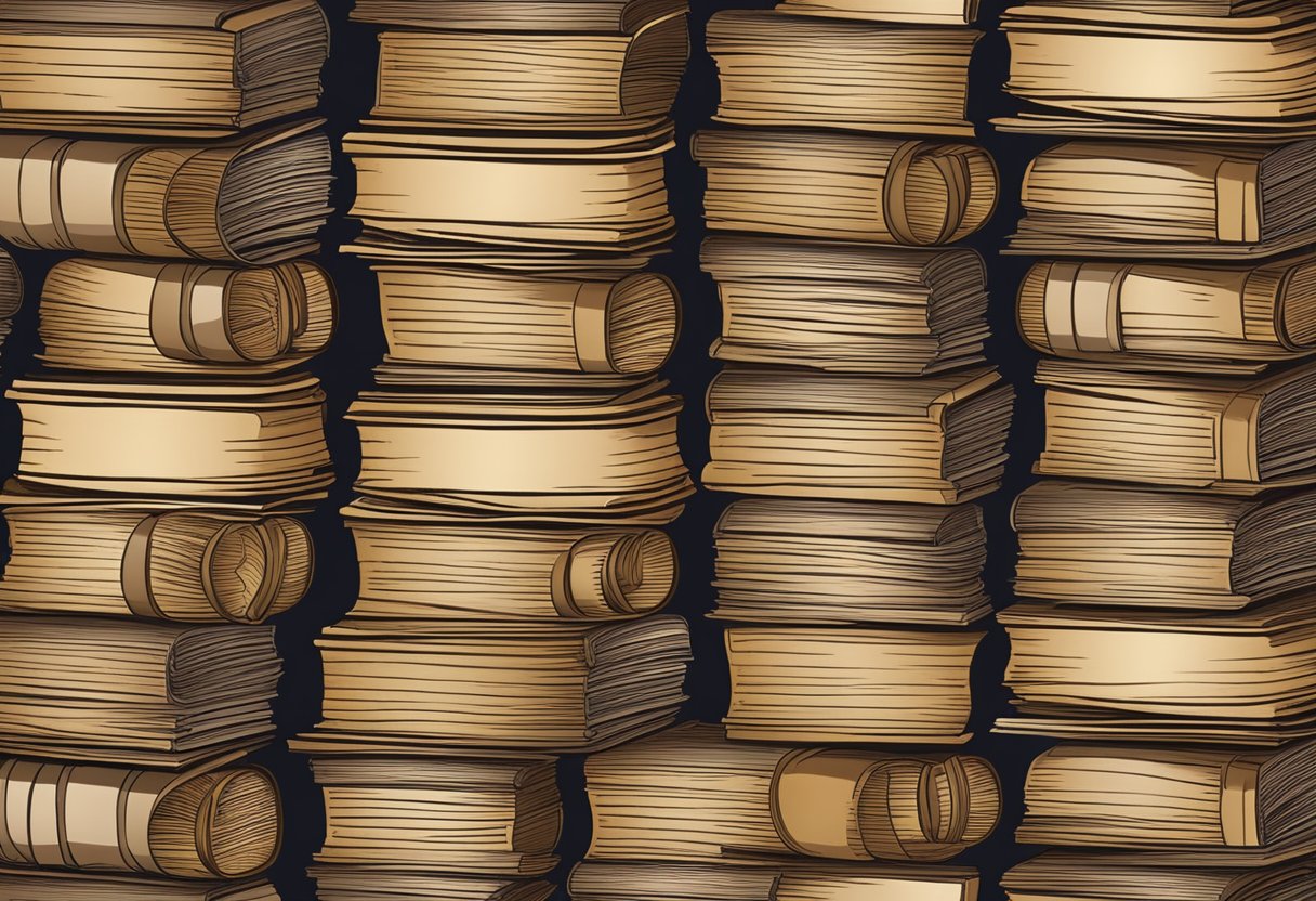 A stack of ancient texts, each with distinct characteristics, arranged on a table for scholarly analysis