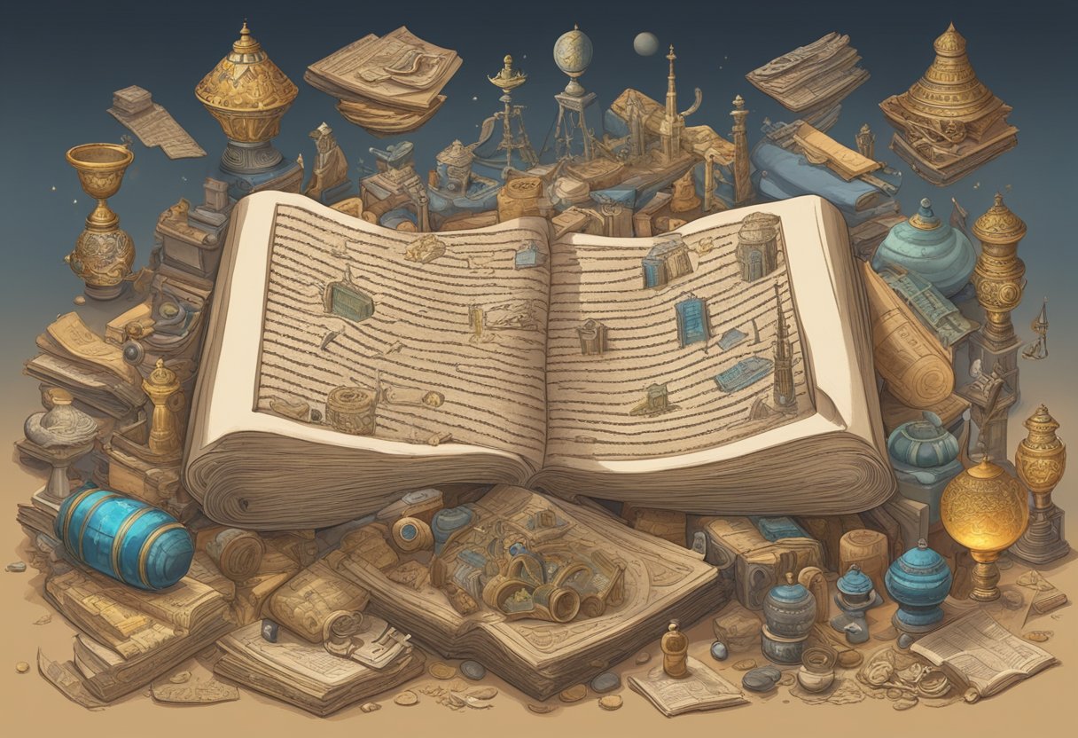 A scroll of ancient texts unraveling, each with distinct symbols and illustrations, surrounded by artifacts and relics from different civilizations