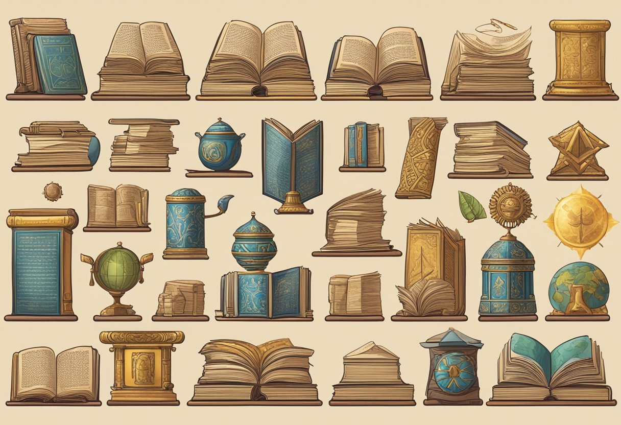 A collection of ancient texts arranged in opposition, with symbols representing different cultures and belief systems